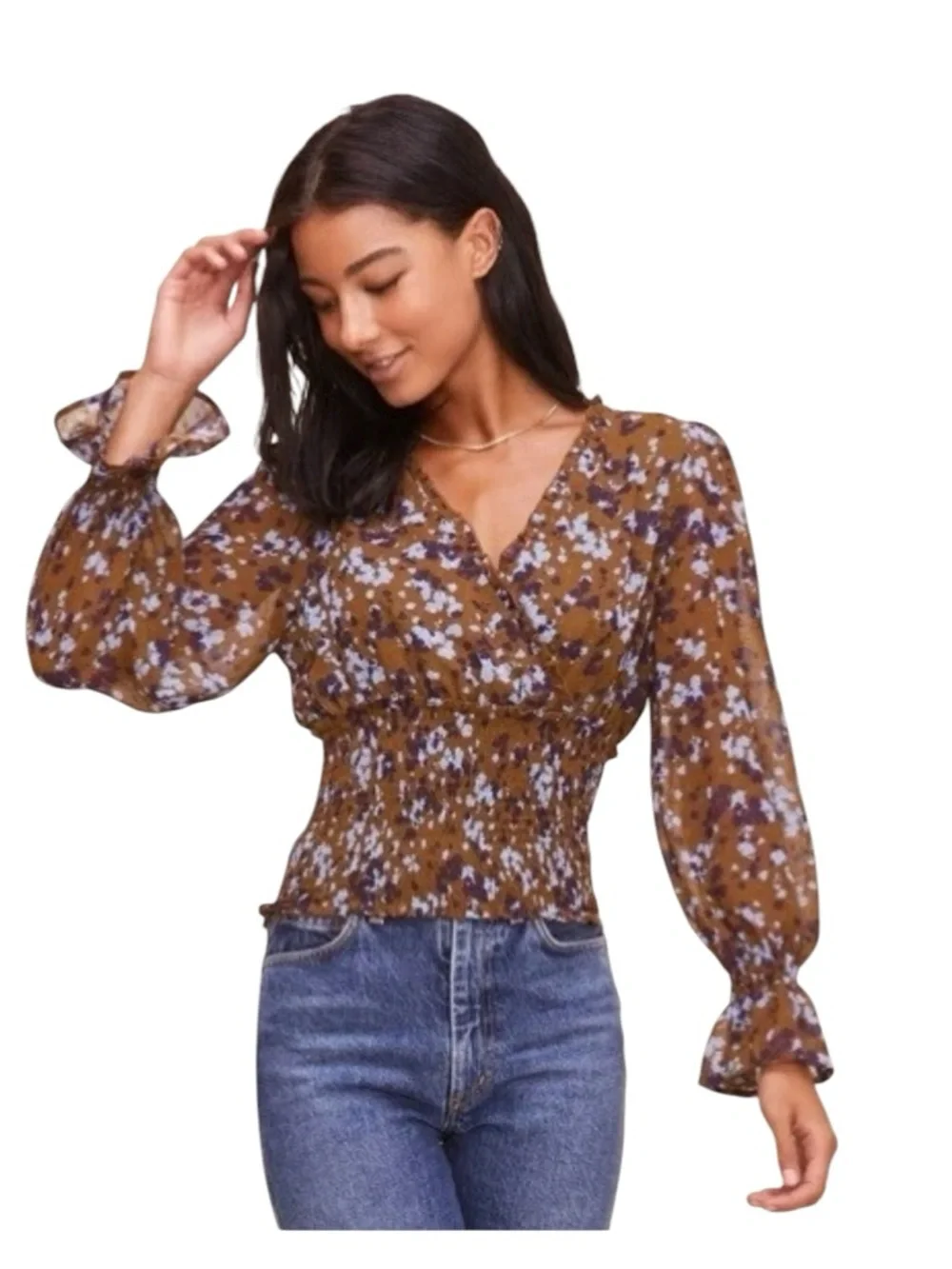 NWT ASTR THE LABEL Brown Blue Floral Smocked Surplice Blouse XS Puff Sleeve